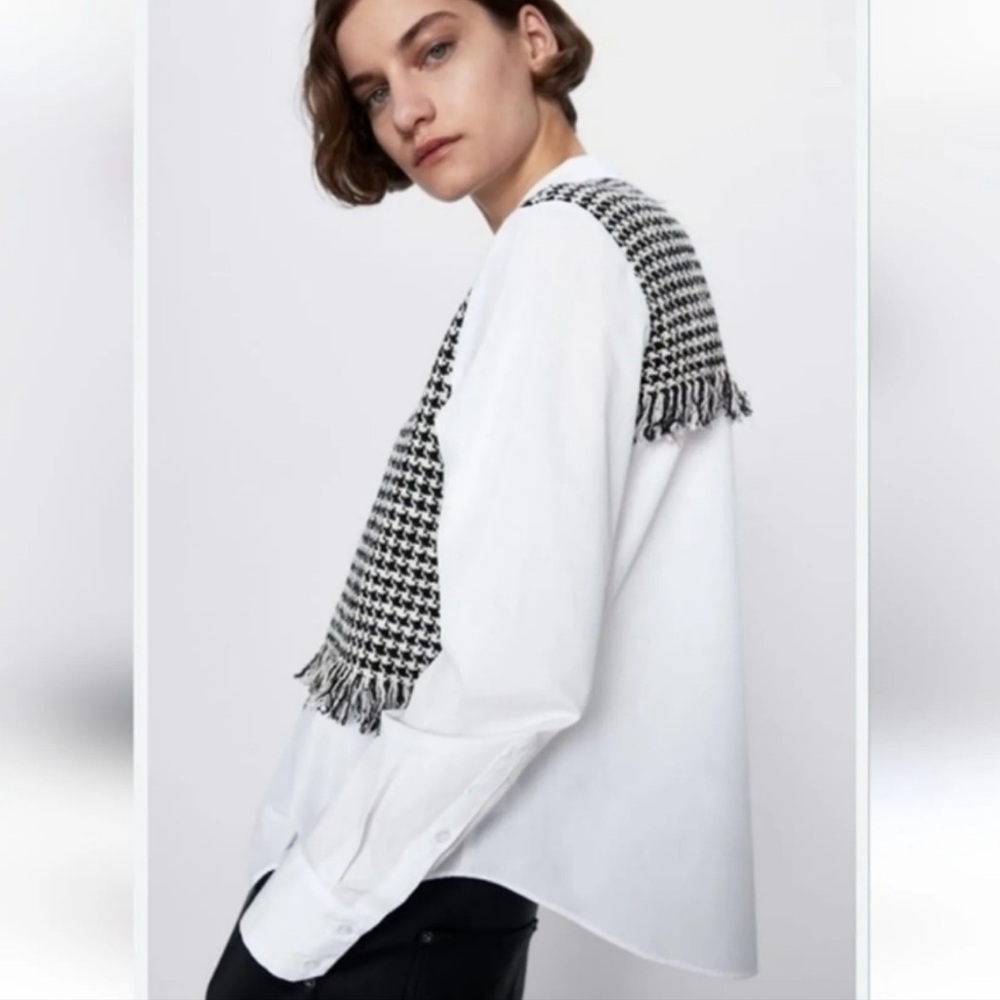 ZARA Black and White Long Sleeve Woven Fringe
Collar Blouse - Picture 2 of 8